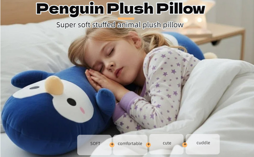 Text reads 'Penguin Plush Pillow'. Gray plush penguin-shaped pillow or cushion shown in multiple views against white background with product presentation photos.
