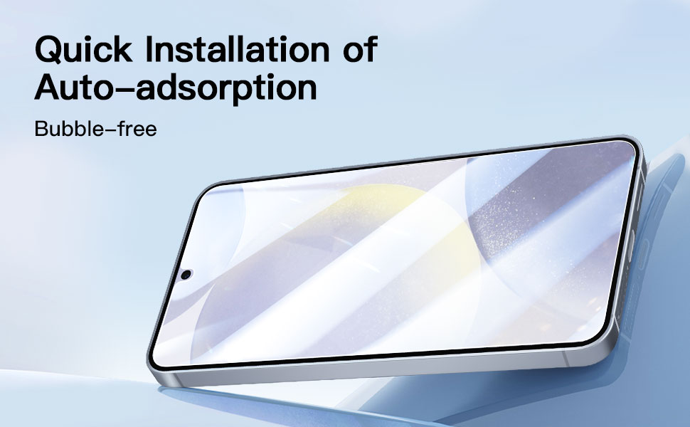 Smartphone with bubble-free screen protector, highlighting quick installation and auto-adsorption features. Device shown at an angle on light blue background.