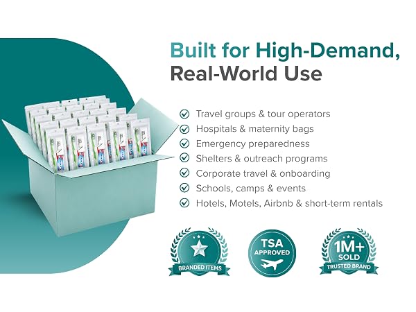 Open box filled with individually packed travel hygiene kits for bulk use.