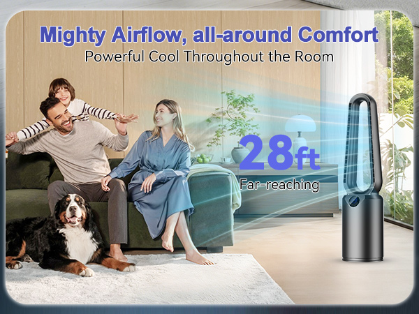 Text reads 'Mighty Airflow, all-around Comfort' and 'Powerful Cool Throughout The Room'. Tower fan advertisement showing people and pets relaxing in air-conditioned room.