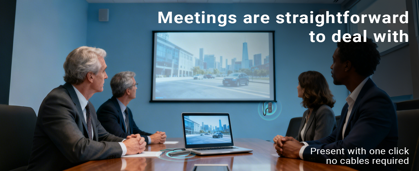 Text reads 'Meetings are straightforward to deal with'. Business conference room setting with people at table and cityscape presentation on screen.
