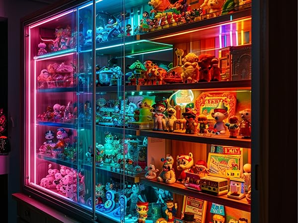 A colorful toy display illuminated by RGB neon lights.