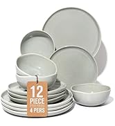 Pokini Ceramic Plates and Bowls Set, Everyday Dinnerware Set for 4, Wavy Rim Kitchen Dish Set, Ch...