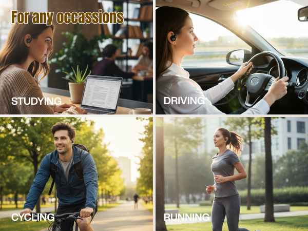 People wearing open ear earbuds while driving, running, studying, and cycling