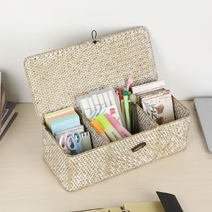 Seagrass Storage Basket Bin Hand-Woven Wicker Basket with Lid Bathroom Basket Tissue Toilet Paper