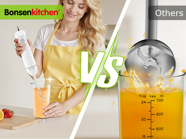 Split image comparing manual hand mixing versus mechanical blending of orange liquid in a measuring cup. Bonsen Kitchen brand visible.