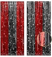 PIGETALE, 2 Pack 3.2x8.2 Feet Black and Red Foil Fringe Curtains Party Decorations, Tinsel Curtai...
