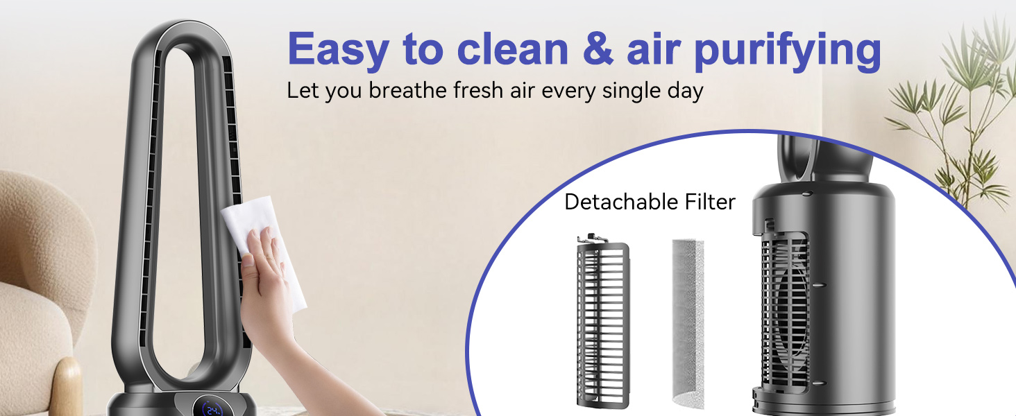 Text reads 'Easy to clean & air purifying'. Product demonstration showing detachable filter components of an air purification device.