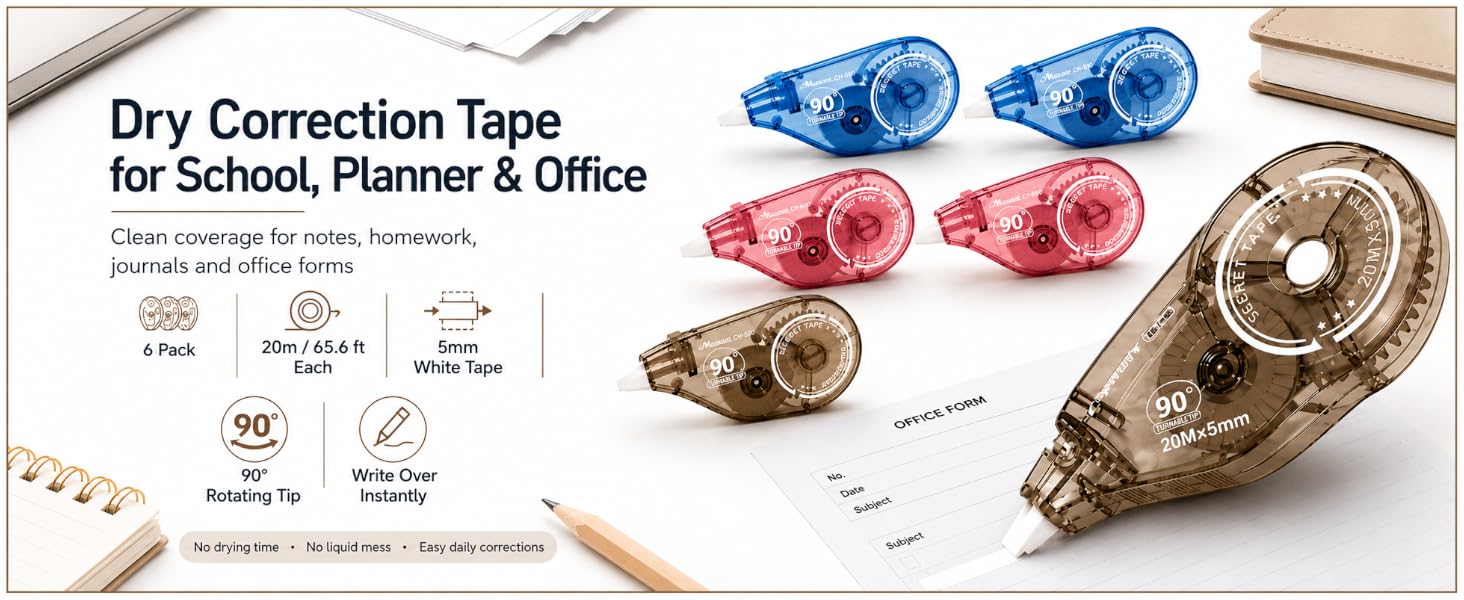 Dry correction tape set for school planner office with 6 pack 20m white tape and 90° rotating tip.