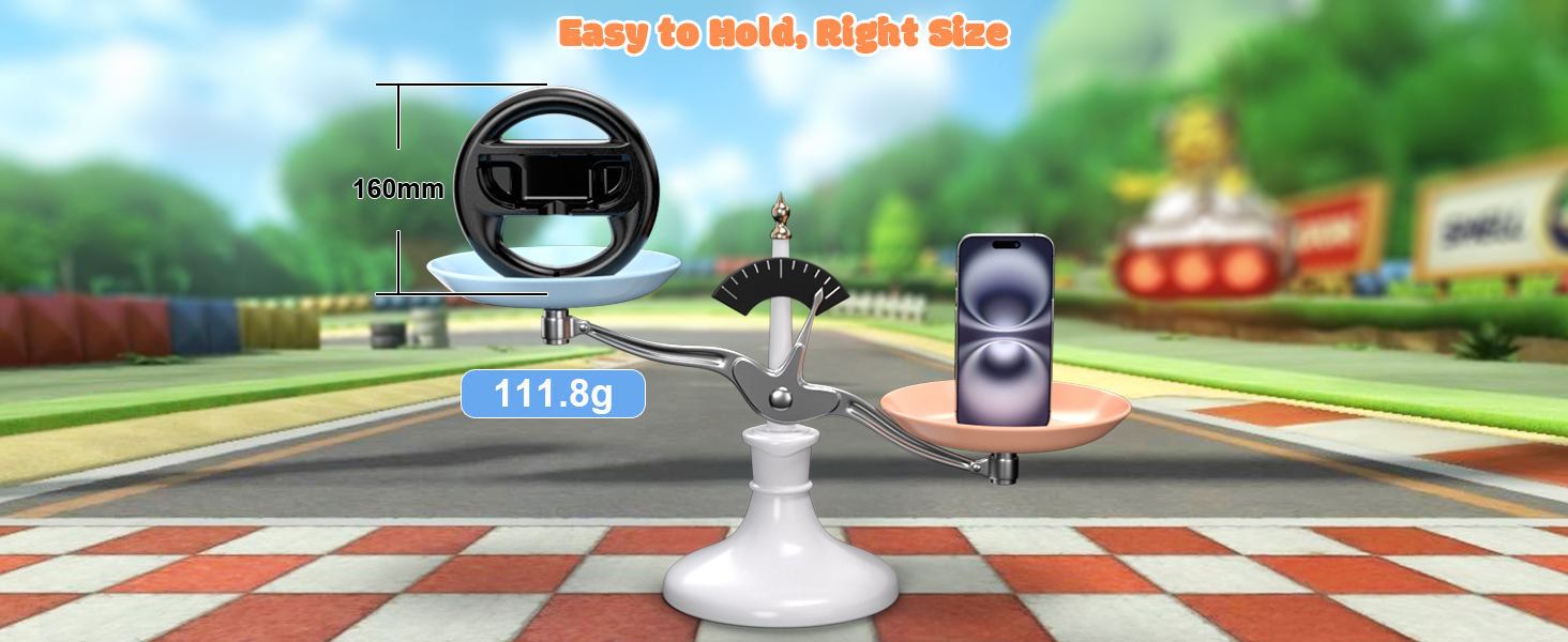 Digital scale balancing two gaming controllers on a racetrack background. Left side shows 111.8g weight for a larger controller, right side a smaller controller.