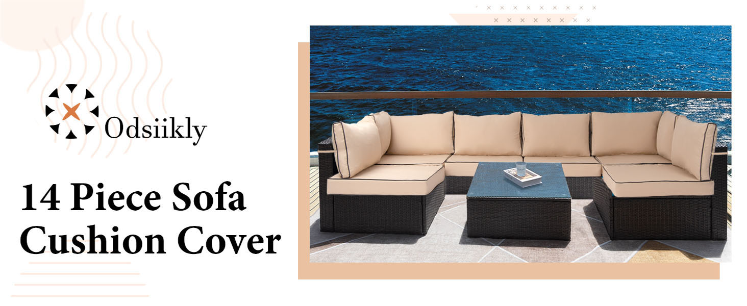 Outdoor Cushion Covers Replacement for 7 Pieces 6-Seater Wicker Rattan Furniture