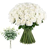Irosiy 50pcs Ivory Roses Artificial Flowers with 10 Stems of Eucalyptus, White Artificial Flowers...