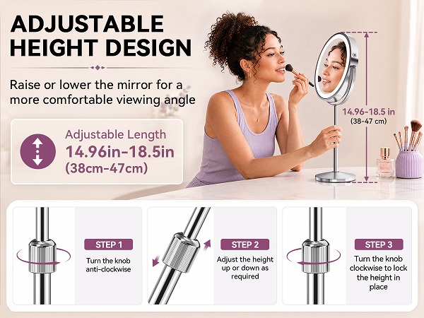38–47cm adjustable makeup mirror adjusts height via twist knob for locking.