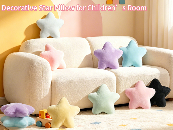 A set featuring star pillow designs in yellow pink purple, blue, green, black and white combinations