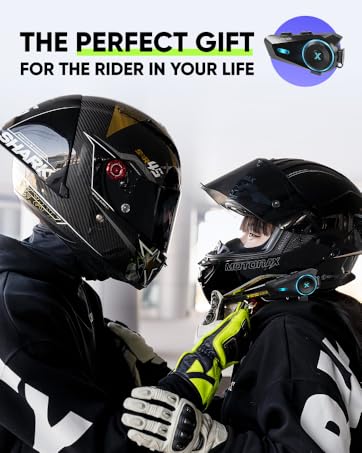 Motorcycle helmet with integrated Bluetooth communication system. Carbon fiber shell, star decal, and LED lights visible. Inset shows circular speaker component.
