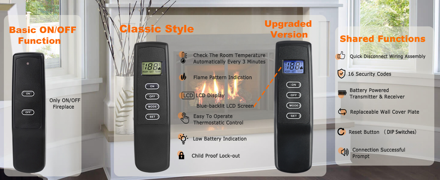 Compare the main functions and features of three fireplace remote controls