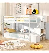 Giantex Twin Over Twin Bunk Bed with Stairs, Solid Wood Floor Bunk Bed with Storage Staircase & F...