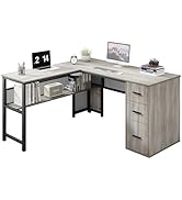 LVB Reversible Gray L Shaped Corner Desk, Farmhouse Wood Computer Desk with File Drawers Cabinets...