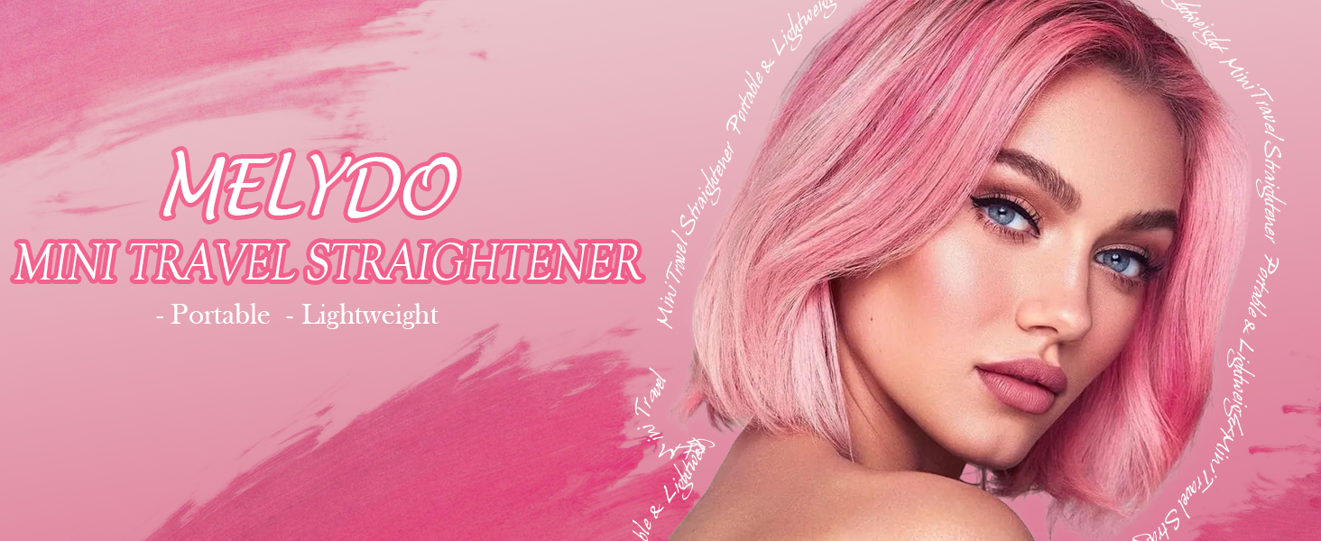 Melydo mini travel straightener advertisement featuring product name and 'Lightweight' text on pink background.