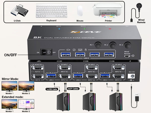 USB 3.0 KVM Switch 2 monitors 3 computers dp