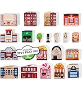 20 Pc Wooden City Play Set - Wooden Town Buildings and Street Signs for Play Mats, Toy Trains and...