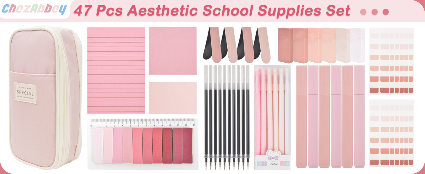 Aesthetic School Supplies with Pencil Pouch - 47Pcs Cute College Essentials Set