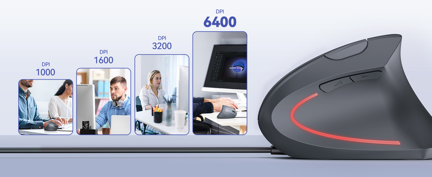 Ergonomic vertical mouse in dark gray with red accent line, shown alongside usage statistics ranging from 1000 to 6400.