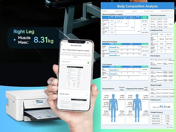 Woman reviewing Arboleaf body fat scale report, showing muscle mass and body composition