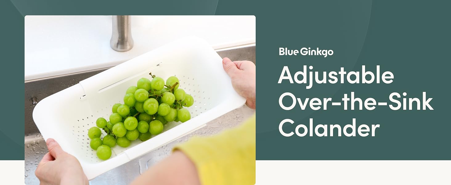 Sink colander basket held in hand with fresh produce, showing size and easy handling