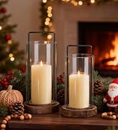 Houmury Set of 2 Brown Hurricane Candle Holders Lantern 12” & 10”with Wood Base Metal Handle Glas...