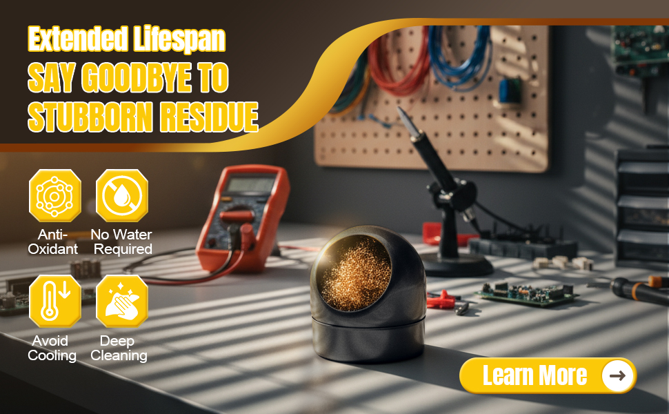 showcasing solder cleaner and solder tip cleaner action.