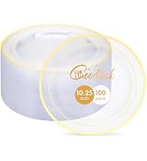 Goodluck 100PCS Clear Gold Plastic Plates, 10.25 Inch Dinner Plate with Silver Rim, Heavy Duty Di...