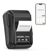Text reads '40 mm/58 mm'. Portable thermal printer shown alongside smartphone displaying app interface, demonstrating wireless connectivity.