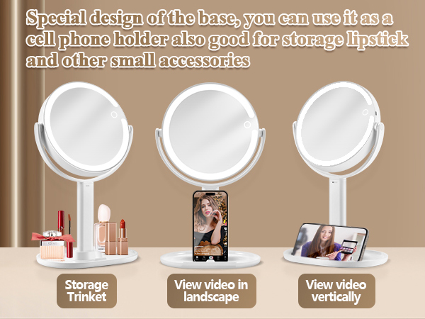 Text reads 'Specifications of the base, you can use it as a cell phone holder, also good for storing lipstick and other small accessories'. White circular phone holders shown in different viewing angles.