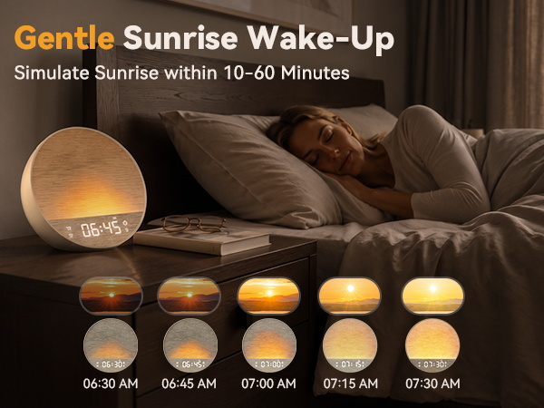 Sunrise simulation alarm clock for heavy sleepers gently waking up an adult in a dark bedroom.