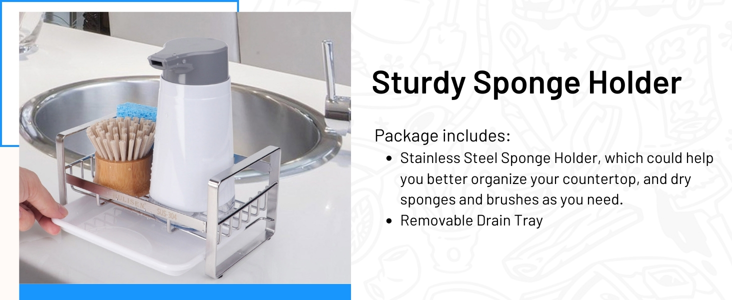 Stainless steel sponge holder with drip tray for organizing kitchen countertop. Includes space for sponges and brushes, with a removable tray for easy cleaning.