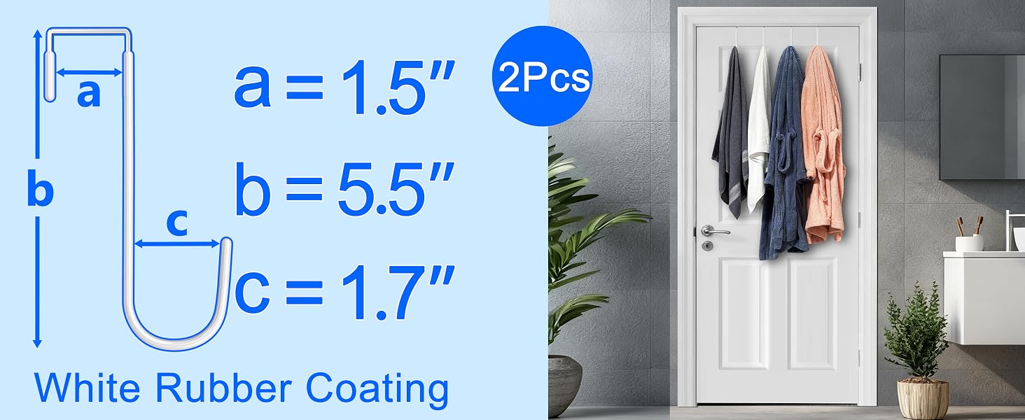 Two bath towels and two bathrobes hang from four hooks on bathroom door with hook size
