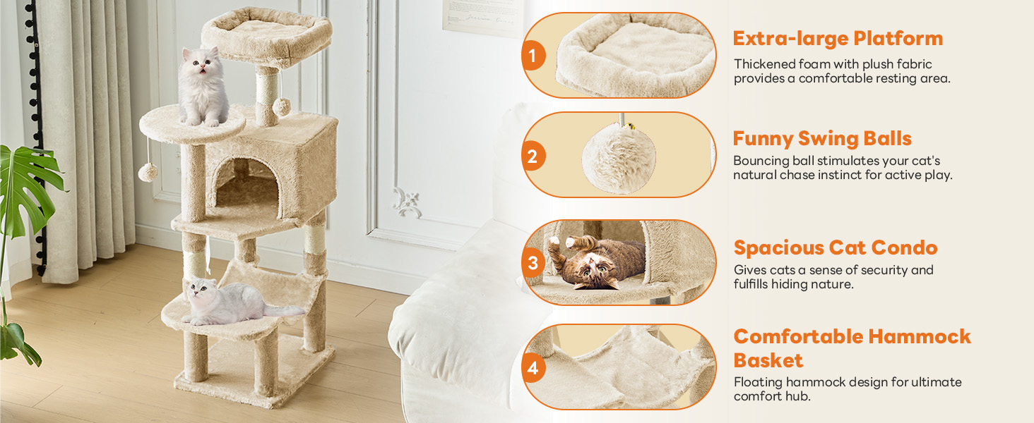 Sweetcrispy 44 inch Cat Tree with Condo, Scratching Posts, Platform, Hammock