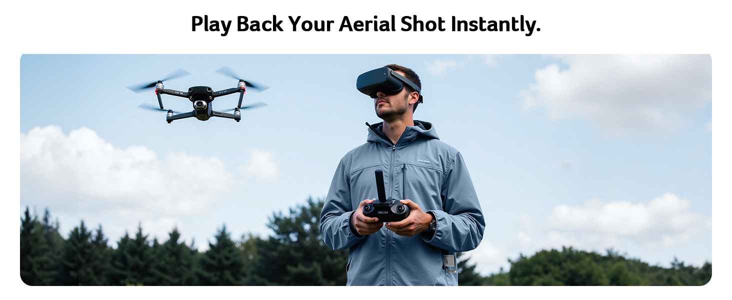 Quadcopter drone hovering in sky above person wearing VR headset and holding remote control. Trees in background. Demonstrates aerial photography capabilities.