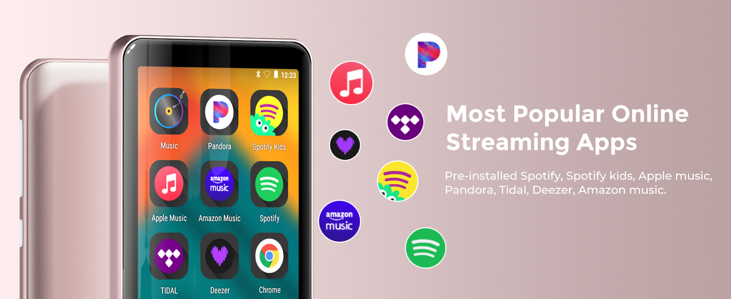 Text reads 'Most Popular Online Streaming Apps'. Screen display showing colorful app icons for various streaming services including Spotify and other media platforms.