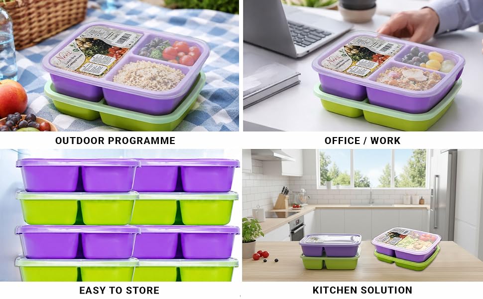 3 Compartment, Meal Prep Lunch Box with Lids, Microwave Safe & Sectioned Food Containers