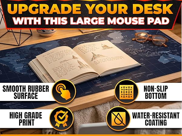 Large desk mat with world map design on modern office workspace