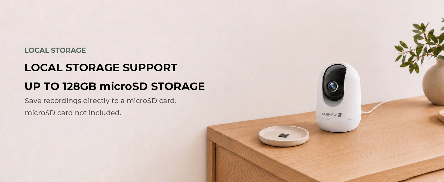 White indoor camera beside a microSD card, illustrating local video storage.