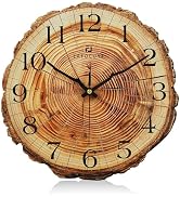 Lafocuse 12 Inch Brown Wooden Rustic Wall Clock for Kitchen Living Room | Annual Ring Tree Stump ...