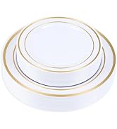 HOME BREEZE Gold Rim Plastic Plates Set of 60 Count, Disposable Plates with Gold Rim 30 Dinner Pl...