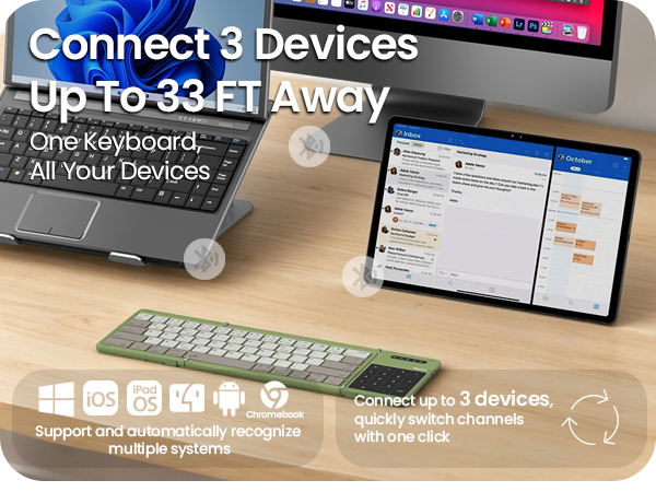 Connect up to 3 devices and switch instantly between tablet laptop and phone with one keyboard