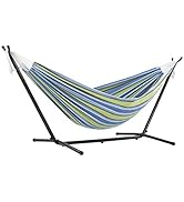 Vivere Double Cotton Hammock with Space Saving Steel Stand, Upgraded Polyester End Strings 450 lb...