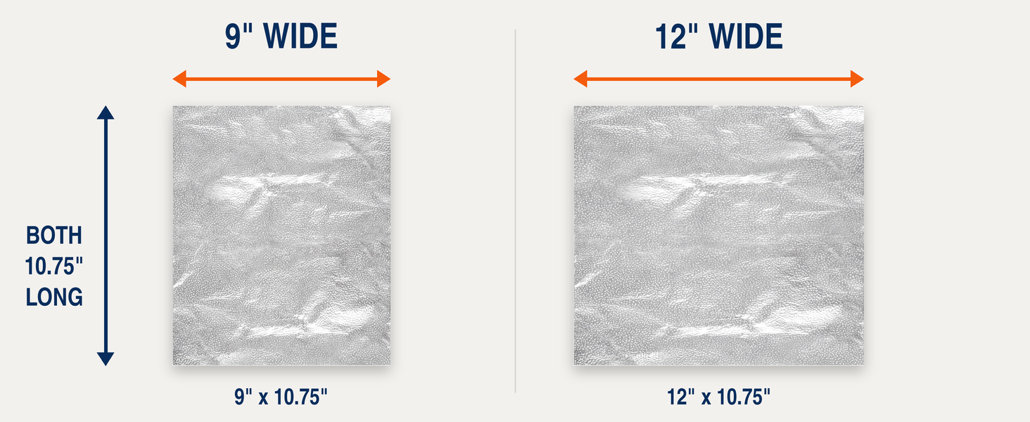 Comparison of 9 x 10.75-inch and 12 x 10.75-inch BronzeOx aluminum foil sheets.