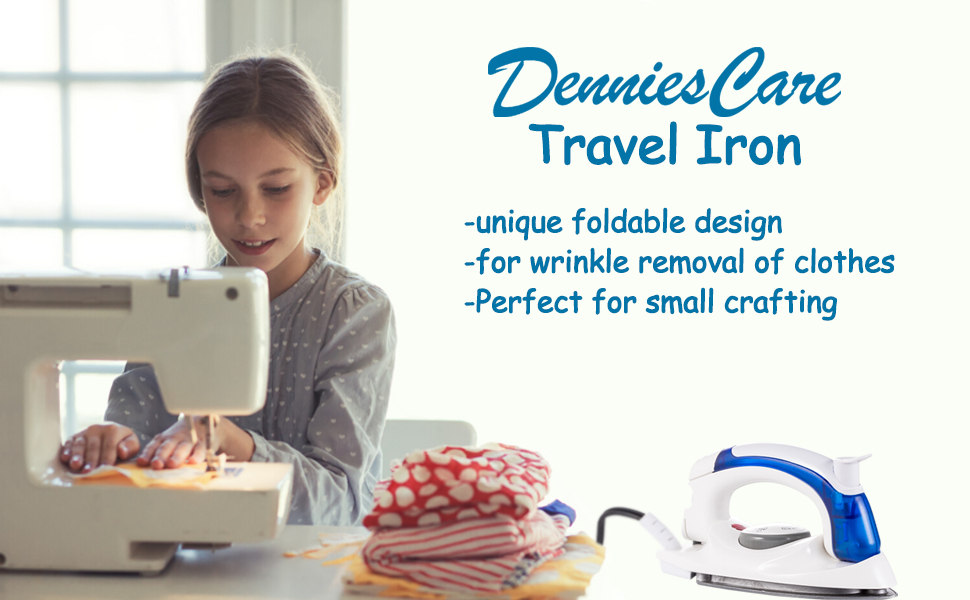 A little girl is using a sewing machine with DenniesCare travel iron next to it