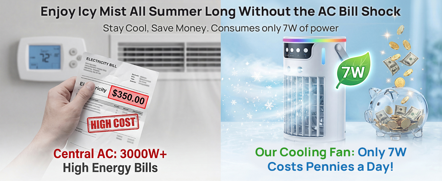 High bills vs low bills: personal evaporative cooler, only 7W, saves money daily